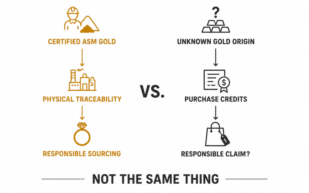 Comparison between physically traceable certified ASM gold supply chains and ASM Credits, highlighting the difference between responsible sourcing through physical integration and credit-based compensation mechanisms